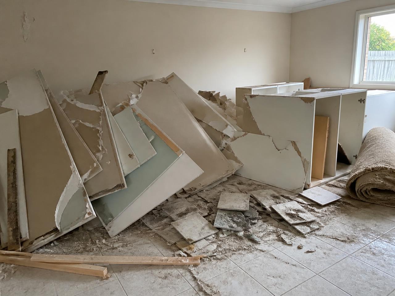Plasterboard, ripped-out kitchen cabinetry, tiles and carpet piled in an empty room